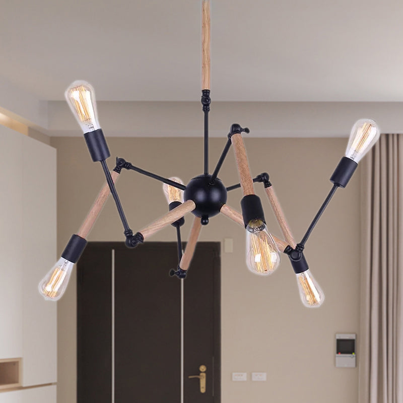 Lodge Style Open Bulb Chandelier Lighting 6/8 Heads Wood and Metal Ceiling Light Fixture with Adjustable Arm Clearhalo 'Carpenter Chandeliers' 'Ceiling Lights' 'Chandeliers' 'Industrial Chandeliers' 'Industrial' 'Middle Century Chandeliers' 'Modern' 'Tiffany' Lighting' 1417173