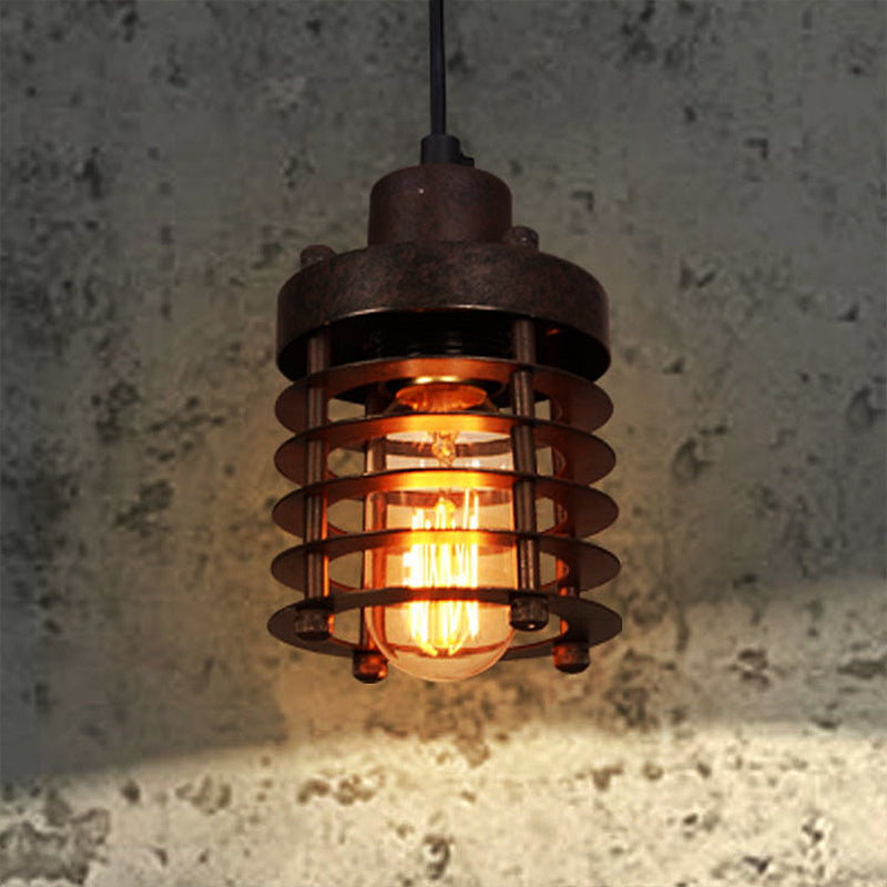 1 Head Pendant Light Industrial Cylinder Cage Shade Metallic Ceiling Light Fixture in Matte Black/Rust over Table Clearhalo 'Art Deco Pendants' 'Black' 'Cast Iron' 'Ceiling Lights' 'Ceramic' 'Crystal' 'Industrial Pendants' 'Industrial' 'Metal' 'Middle Century Pendants' 'Pendant Lights' 'Pendants' 'Rustic Pendants' 'Tiffany' Lighting' 1417192