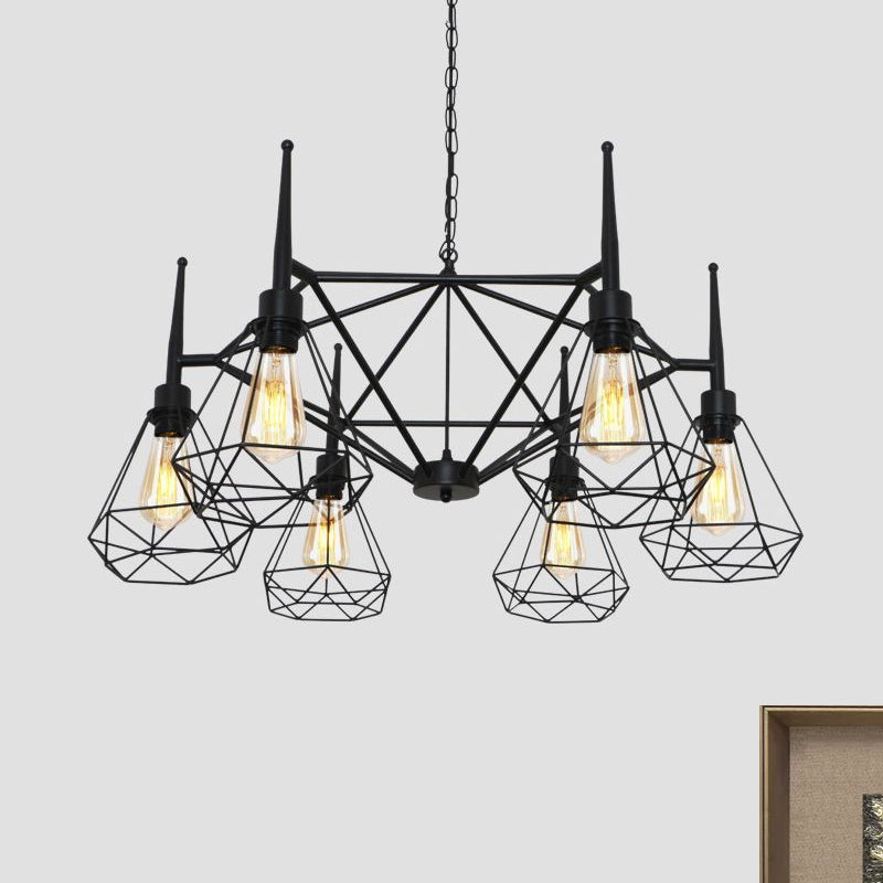 Multi Light Chandelier Lamp Retro Industrial Cage Diamond Iron Ceiling Pendant Light with Adjustable Chain in Black Clearhalo 'Cast Iron' 'Ceiling Lights' 'Chandeliers' 'Industrial Chandeliers' 'Industrial' 'Metal' 'Middle Century Chandeliers' 'Rustic Chandeliers' 'Tiffany' Lighting' 1417208