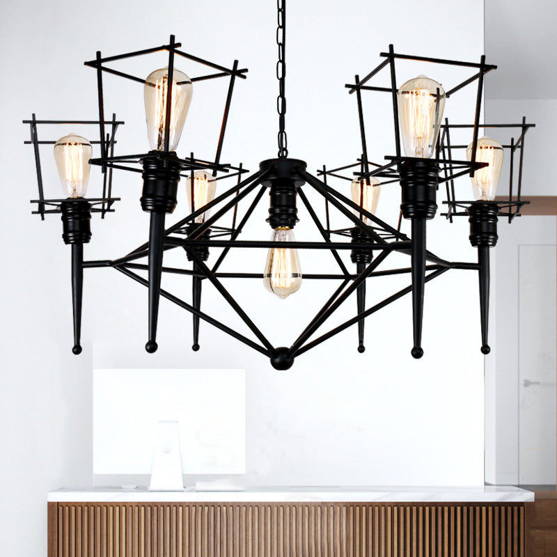 Squared Cage Iron Pendant Lighting Industrial Multi Light Restaurant Chandelier Lighting in Black Clearhalo 'Cast Iron' 'Ceiling Lights' 'Chandeliers' 'Industrial Chandeliers' 'Industrial' 'Metal' 'Middle Century Chandeliers' 'Rustic Chandeliers' 'Tiffany' Lighting' 1417209