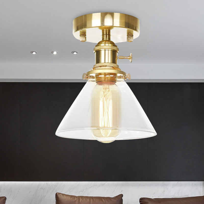 One Light Cone Semi Flush Light Industrial Brass Clear/Amber Glass Lighting Fixture for Living Room Clearhalo 'Ceiling Lights' 'Close To Ceiling Lights' 'Close to ceiling' 'Glass shade' 'Glass' 'Semi-flushmount' Lighting' 1417215