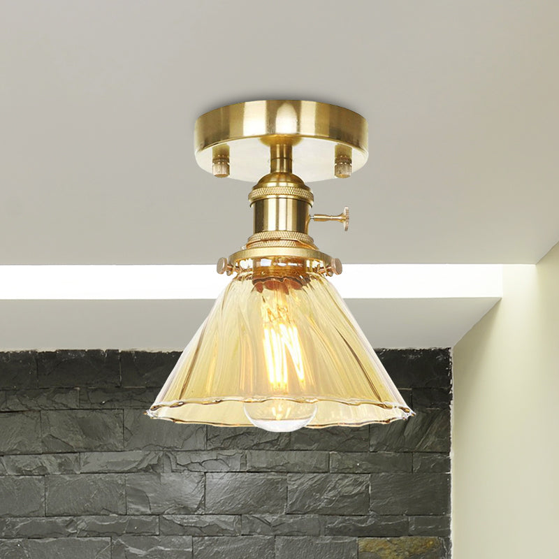 Cone Ruffle Glass Semi Flush Vintage Retro 1 Bulb Living Room Light Fixture in Clear/Amber Clearhalo 'Ceiling Lights' 'Close To Ceiling Lights' 'Close to ceiling' 'Glass shade' 'Glass' 'Semi-flushmount' Lighting' 1417216