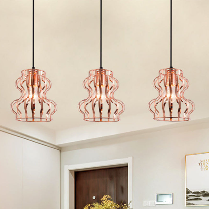 Loft Style Gourd Cage Hanging Ceiling Light 3 Bulbs Metallic Pendant Light with Round/Linear Canopy in Rose Gold Rose Gold Linear Clearhalo 'Art Deco Pendants' 'Cast Iron' 'Ceiling Lights' 'Ceramic' 'Crystal' 'Industrial Pendants' 'Industrial' 'Metal' 'Middle Century Pendants' 'Pendant Lights' 'Pendants' 'Tiffany' Lighting' 1417242