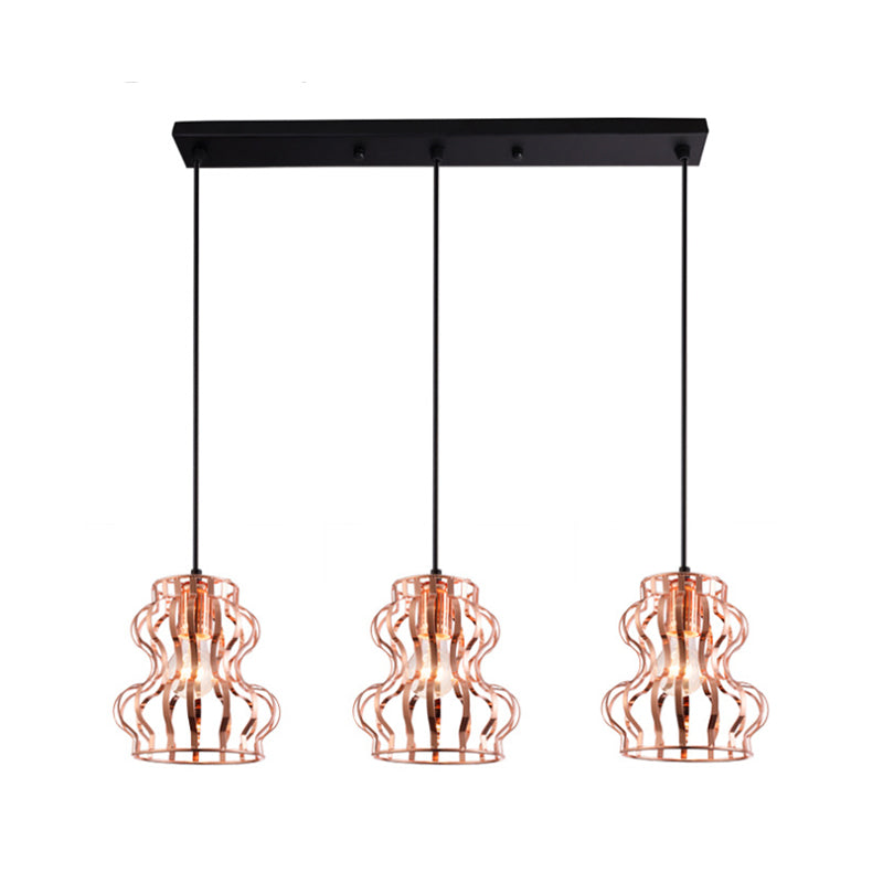 Loft Style Gourd Cage Hanging Ceiling Light 3 Bulbs Metallic Pendant Light with Round/Linear Canopy in Rose Gold Clearhalo 'Art Deco Pendants' 'Cast Iron' 'Ceiling Lights' 'Ceramic' 'Crystal' 'Industrial Pendants' 'Industrial' 'Metal' 'Middle Century Pendants' 'Pendant Lights' 'Pendants' 'Tiffany' Lighting' 1417245