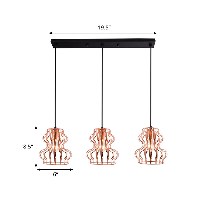 Loft Style Gourd Cage Hanging Ceiling Light 3 Bulbs Metallic Pendant Light with Round/Linear Canopy in Rose Gold Clearhalo 'Art Deco Pendants' 'Cast Iron' 'Ceiling Lights' 'Ceramic' 'Crystal' 'Industrial Pendants' 'Industrial' 'Metal' 'Middle Century Pendants' 'Pendant Lights' 'Pendants' 'Tiffany' Lighting' 1417246