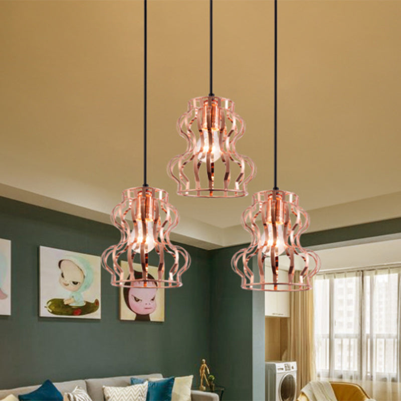 Loft Style Gourd Cage Hanging Ceiling Light 3 Bulbs Metallic Pendant Light with Round/Linear Canopy in Rose Gold Clearhalo 'Art Deco Pendants' 'Cast Iron' 'Ceiling Lights' 'Ceramic' 'Crystal' 'Industrial Pendants' 'Industrial' 'Metal' 'Middle Century Pendants' 'Pendant Lights' 'Pendants' 'Tiffany' Lighting' 1417248