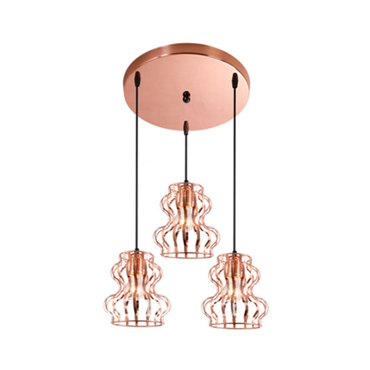 Loft Style Gourd Cage Hanging Ceiling Light 3 Bulbs Metallic Pendant Light with Round/Linear Canopy in Rose Gold Clearhalo 'Art Deco Pendants' 'Cast Iron' 'Ceiling Lights' 'Ceramic' 'Crystal' 'Industrial Pendants' 'Industrial' 'Metal' 'Middle Century Pendants' 'Pendant Lights' 'Pendants' 'Tiffany' Lighting' 1417249