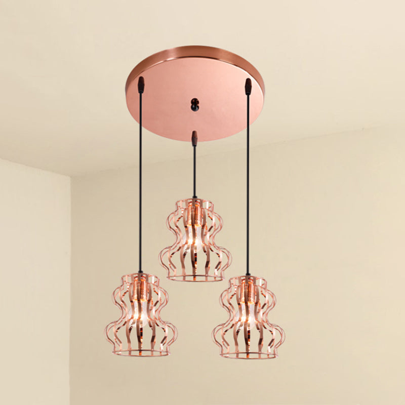 Loft Style Gourd Cage Hanging Ceiling Light 3 Bulbs Metallic Pendant Light with Round/Linear Canopy in Rose Gold Clearhalo 'Art Deco Pendants' 'Cast Iron' 'Ceiling Lights' 'Ceramic' 'Crystal' 'Industrial Pendants' 'Industrial' 'Metal' 'Middle Century Pendants' 'Pendant Lights' 'Pendants' 'Tiffany' Lighting' 1417250
