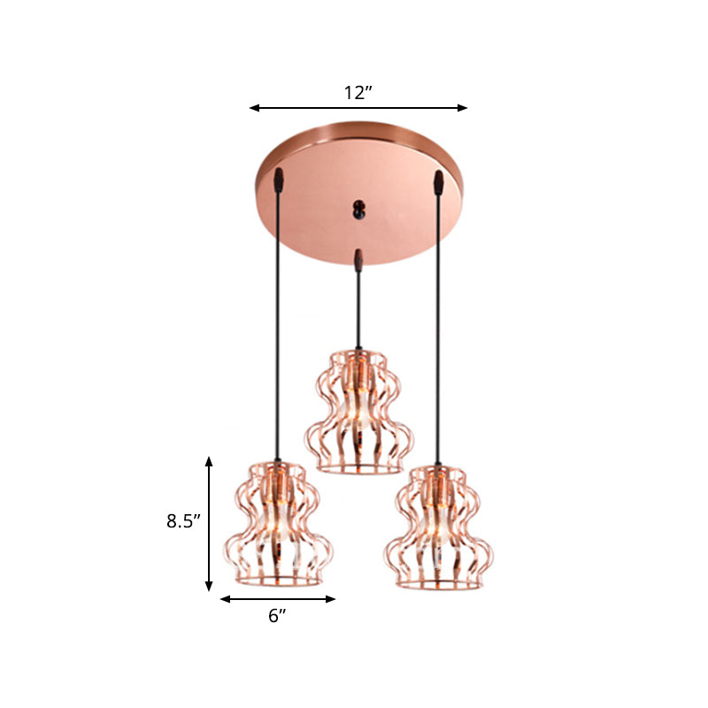 Loft Style Gourd Cage Hanging Ceiling Light 3 Bulbs Metallic Pendant Light with Round/Linear Canopy in Rose Gold Clearhalo 'Art Deco Pendants' 'Cast Iron' 'Ceiling Lights' 'Ceramic' 'Crystal' 'Industrial Pendants' 'Industrial' 'Metal' 'Middle Century Pendants' 'Pendant Lights' 'Pendants' 'Tiffany' Lighting' 1417251