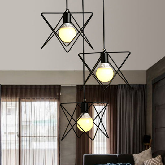 3 Heads Geometric Pendant Light with Wire Frame Industrial Style Black Iron Suspended Light, Round/Linear Canopy Black Round Clearhalo 'Art Deco Pendants' 'Black' 'Cast Iron' 'Ceiling Lights' 'Ceramic' 'Crystal' 'Industrial Pendants' 'Industrial' 'Metal' 'Middle Century Pendants' 'Pendant Lights' 'Pendants' 'Rustic Pendants' 'Tiffany' Lighting' 1417259