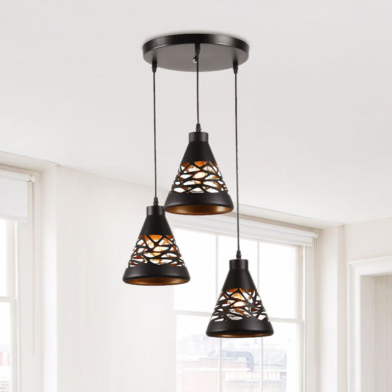 Black Conical Hanging Light with Hollow Out Design Industrial 3 Lights Ceiling Light Clearhalo 'Art Deco Pendants' 'Black' 'Cast Iron' 'Ceiling Lights' 'Ceramic' 'Crystal' 'Industrial Pendants' 'Industrial' 'Metal' 'Middle Century Pendants' 'Pendant Lights' 'Pendants' 'Rustic Pendants' 'Tiffany' Lighting' 1417264