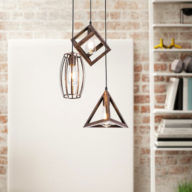 Caged Wrought Iron Pendant Lamp Antique Style 3 Heads Dining Room Hanging Ceiling Light in Rust Clearhalo 'Art Deco Pendants' 'Cast Iron' 'Ceiling Lights' 'Ceramic' 'Crystal' 'Industrial Pendants' 'Industrial' 'Metal' 'Middle Century Pendants' 'Pendant Lights' 'Pendants' 'Tiffany' Lighting' 1417291