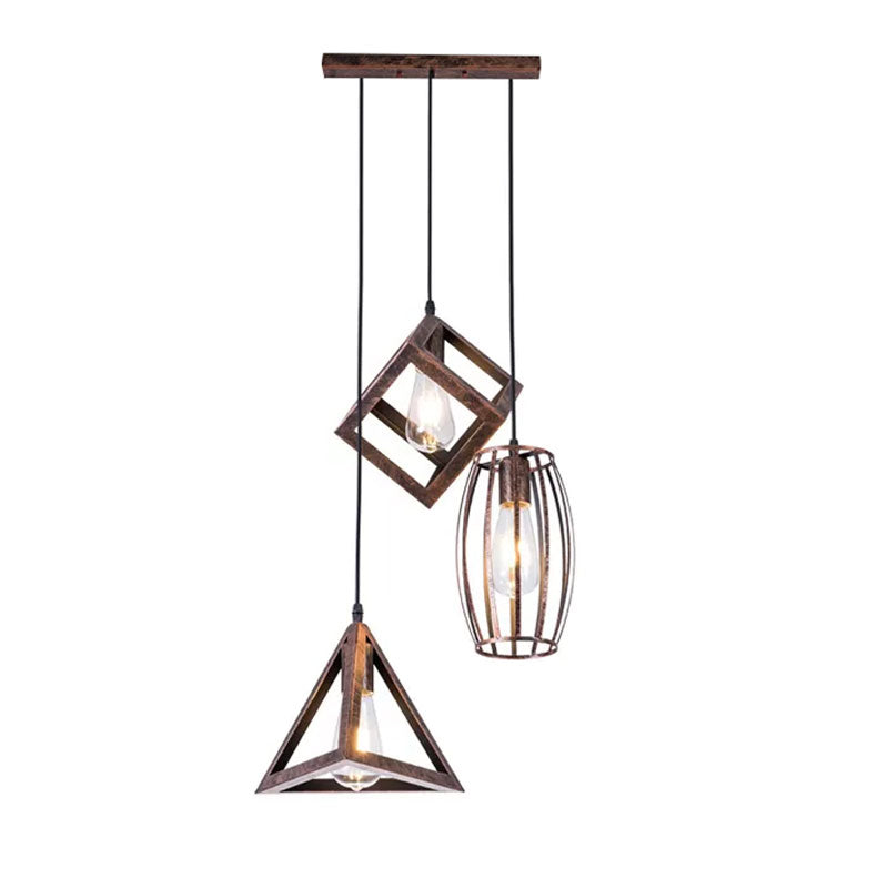 Caged Wrought Iron Pendant Lamp Antique Style 3 Heads Dining Room Hanging Ceiling Light in Rust Clearhalo 'Art Deco Pendants' 'Cast Iron' 'Ceiling Lights' 'Ceramic' 'Crystal' 'Industrial Pendants' 'Industrial' 'Metal' 'Middle Century Pendants' 'Pendant Lights' 'Pendants' 'Tiffany' Lighting' 1417292