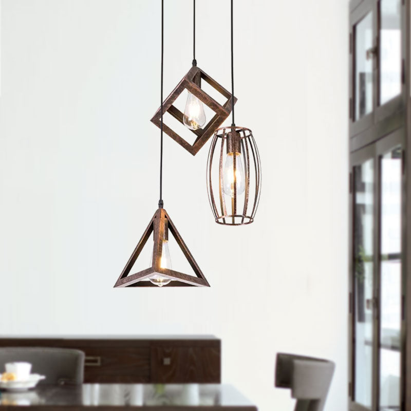 Caged Wrought Iron Pendant Lamp Antique Style 3 Heads Dining Room Hanging Ceiling Light in Rust Clearhalo 'Art Deco Pendants' 'Cast Iron' 'Ceiling Lights' 'Ceramic' 'Crystal' 'Industrial Pendants' 'Industrial' 'Metal' 'Middle Century Pendants' 'Pendant Lights' 'Pendants' 'Tiffany' Lighting' 1417293