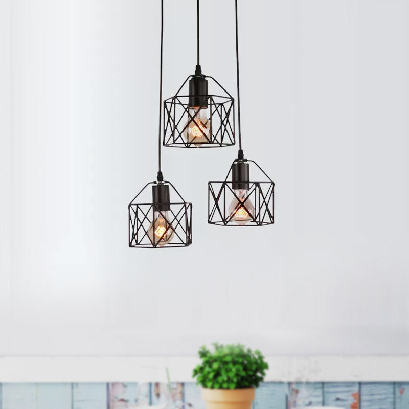 Hexagon Kitchen Ceiling Fixture with Wire Cage Farmhouse Style Metallic 3 Bulbs Black Finish Pendant Light Clearhalo 'Art Deco Pendants' 'Black' 'Cast Iron' 'Ceiling Lights' 'Ceramic' 'Crystal' 'Industrial Pendants' 'Industrial' 'Metal' 'Middle Century Pendants' 'Pendant Lights' 'Pendants' 'Rustic Pendants' 'Tiffany' Lighting' 1417301