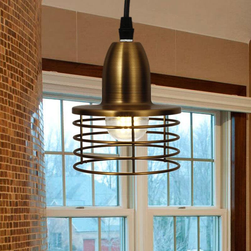 1 Light Drum Pendant Lighting with Wire Cage Shade Industrial Retro Black/Bronze Metal Ceiling Pendant for Kitchen Clearhalo 'Art Deco Pendants' 'Black' 'Cast Iron' 'Ceiling Lights' 'Ceramic' 'Crystal' 'Industrial Pendants' 'Industrial' 'Metal' 'Middle Century Pendants' 'Pendant Lights' 'Pendants' 'Rustic Pendants' 'Tiffany' Lighting' 1417331