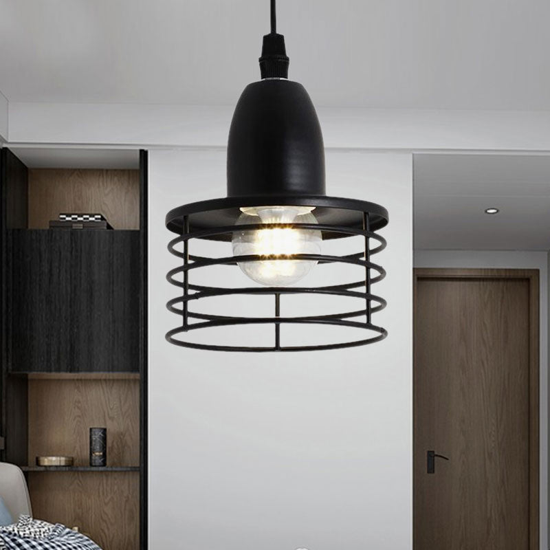 1 Light Drum Pendant Lighting with Wire Cage Shade Industrial Retro Black/Bronze Metal Ceiling Pendant for Kitchen Black Clearhalo 'Art Deco Pendants' 'Black' 'Cast Iron' 'Ceiling Lights' 'Ceramic' 'Crystal' 'Industrial Pendants' 'Industrial' 'Metal' 'Middle Century Pendants' 'Pendant Lights' 'Pendants' 'Rustic Pendants' 'Tiffany' Lighting' 1417332