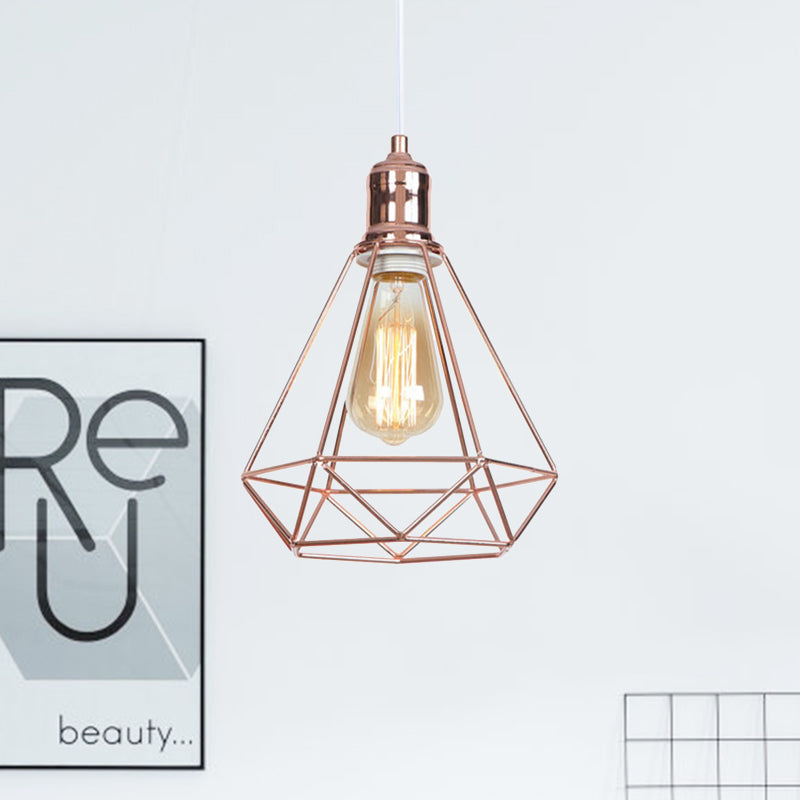 Caged Metal Pendant Light with Diamond Shape Industrial 1 Head Coffee Shop Ceiling Light Fixture in Rose Gold Clearhalo 'Art Deco Pendants' 'Cast Iron' 'Ceiling Lights' 'Ceramic' 'Crystal' 'Industrial Pendants' 'Industrial' 'Metal' 'Middle Century Pendants' 'Pendant Lights' 'Pendants' 'Tiffany' Lighting' 1417339