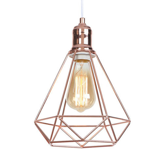 Caged Metal Pendant Light with Diamond Shape Industrial 1 Head Coffee Shop Ceiling Light Fixture in Rose Gold Clearhalo 'Art Deco Pendants' 'Cast Iron' 'Ceiling Lights' 'Ceramic' 'Crystal' 'Industrial Pendants' 'Industrial' 'Metal' 'Middle Century Pendants' 'Pendant Lights' 'Pendants' 'Tiffany' Lighting' 1417341