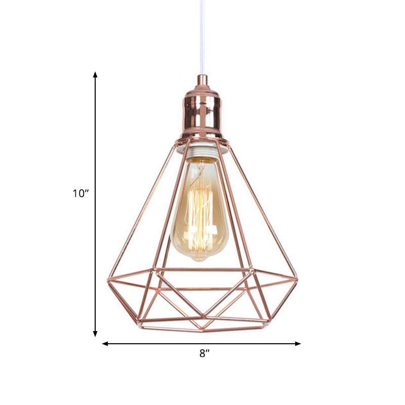 Caged Metal Pendant Light with Diamond Shape Industrial 1 Head Coffee Shop Ceiling Light Fixture in Rose Gold Clearhalo 'Art Deco Pendants' 'Cast Iron' 'Ceiling Lights' 'Ceramic' 'Crystal' 'Industrial Pendants' 'Industrial' 'Metal' 'Middle Century Pendants' 'Pendant Lights' 'Pendants' 'Tiffany' Lighting' 1417342