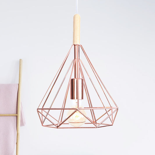 Diamond Metal Cage Pendant Light Nordic Industrial 1 Light Ceiling Hanging Light in Rose Gold Rose Gold Small Clearhalo 'Art Deco Pendants' 'Cast Iron' 'Ceiling Lights' 'Ceramic' 'Crystal' 'Industrial Pendants' 'Industrial' 'Metal' 'Middle Century Pendants' 'Pendant Lights' 'Pendants' 'Tiffany' Lighting' 1417358