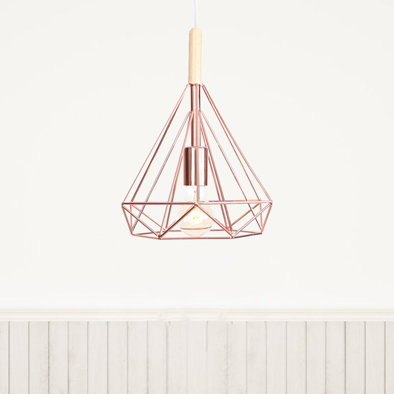 Diamond Metal Cage Pendant Light Nordic Industrial 1 Light Ceiling Hanging Light in Rose Gold Clearhalo 'Art Deco Pendants' 'Cast Iron' 'Ceiling Lights' 'Ceramic' 'Crystal' 'Industrial Pendants' 'Industrial' 'Metal' 'Middle Century Pendants' 'Pendant Lights' 'Pendants' 'Tiffany' Lighting' 1417359