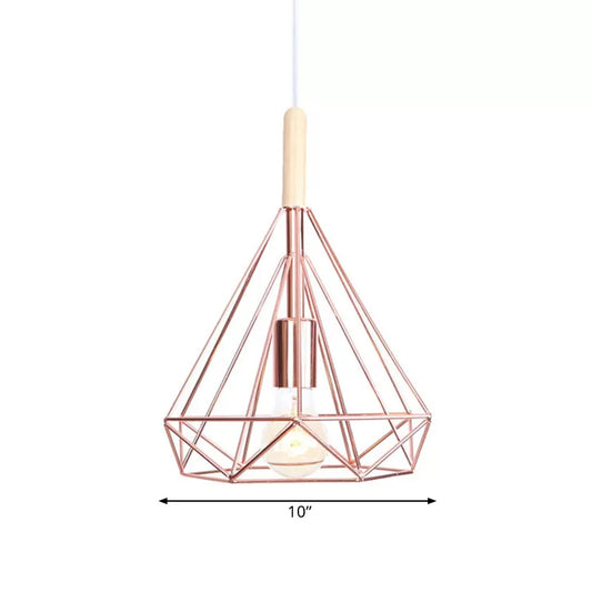 Diamond Metal Cage Pendant Light Nordic Industrial 1 Light Ceiling Hanging Light in Rose Gold Clearhalo 'Art Deco Pendants' 'Cast Iron' 'Ceiling Lights' 'Ceramic' 'Crystal' 'Industrial Pendants' 'Industrial' 'Metal' 'Middle Century Pendants' 'Pendant Lights' 'Pendants' 'Tiffany' Lighting' 1417362