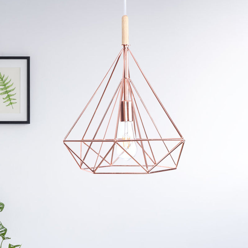 Diamond Metal Cage Pendant Light Nordic Industrial 1 Light Ceiling Hanging Light in Rose Gold Clearhalo 'Art Deco Pendants' 'Cast Iron' 'Ceiling Lights' 'Ceramic' 'Crystal' 'Industrial Pendants' 'Industrial' 'Metal' 'Middle Century Pendants' 'Pendant Lights' 'Pendants' 'Tiffany' Lighting' 1417365