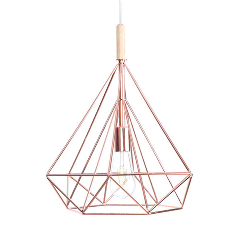 Diamond Metal Cage Pendant Light Nordic Industrial 1 Light Ceiling Hanging Light in Rose Gold Clearhalo 'Art Deco Pendants' 'Cast Iron' 'Ceiling Lights' 'Ceramic' 'Crystal' 'Industrial Pendants' 'Industrial' 'Metal' 'Middle Century Pendants' 'Pendant Lights' 'Pendants' 'Tiffany' Lighting' 1417366