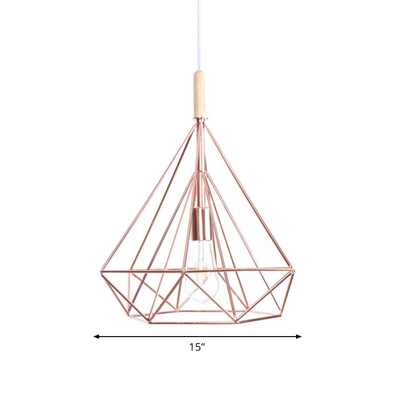 Diamond Metal Cage Pendant Light Nordic Industrial 1 Light Ceiling Hanging Light in Rose Gold Clearhalo 'Art Deco Pendants' 'Cast Iron' 'Ceiling Lights' 'Ceramic' 'Crystal' 'Industrial Pendants' 'Industrial' 'Metal' 'Middle Century Pendants' 'Pendant Lights' 'Pendants' 'Tiffany' Lighting' 1417367