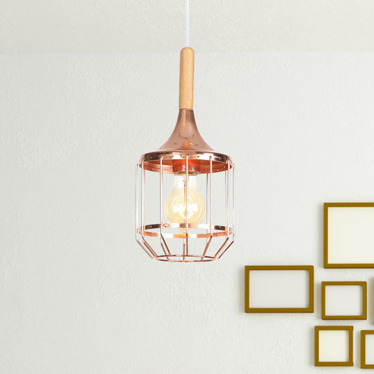 Rose Gold Drum Ceiling Pendant with Metal Cage 1 Light Modern Hanging Light for Corridor Clearhalo 'Art Deco Pendants' 'Cast Iron' 'Ceiling Lights' 'Ceramic' 'Crystal' 'Industrial Pendants' 'Industrial' 'Metal' 'Middle Century Pendants' 'Pendant Lights' 'Pendants' 'Tiffany' Lighting' 1417369