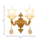 Traditional Scrolled Arm Sconce 1/2-Bulb Glass Blossom Shade Wall Mount Light in Brass with Crystal Accents Clearhalo 'Wall Lamps & Sconces' 'Wall Lights' Lighting' 1417388