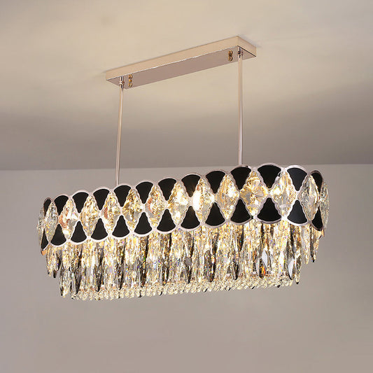 Black Finish 12 Heads Island Lighting Modern Clear Crystal Draping Oval Chandelier Lamp Fixture Clearhalo 'Ceiling Lights' 'Island Lights' Lighting' 1417425