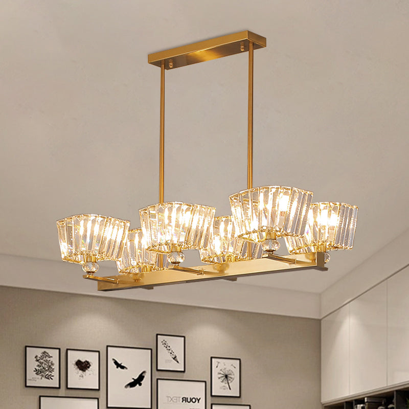 Crystal Blocks Trapezoid Shade Island Lamp Contemporary 6 Bulbs Dinning Room Pendant in Gold Gold Clearhalo 'Ceiling Lights' 'Island Lights' Lighting' 1417428
