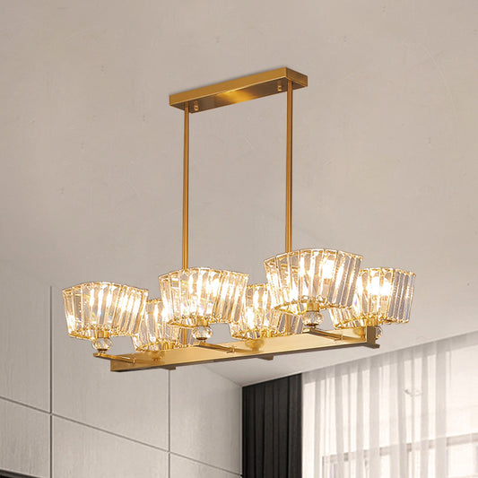 Crystal Blocks Trapezoid Shade Island Lamp Contemporary 6 Bulbs Dinning Room Pendant in Gold Clearhalo 'Ceiling Lights' 'Island Lights' Lighting' 1417429