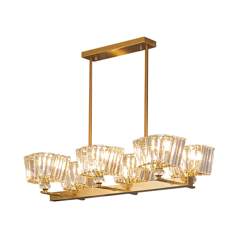Crystal Blocks Trapezoid Shade Island Lamp Contemporary 6 Bulbs Dinning Room Pendant in Gold Clearhalo 'Ceiling Lights' 'Island Lights' Lighting' 1417430