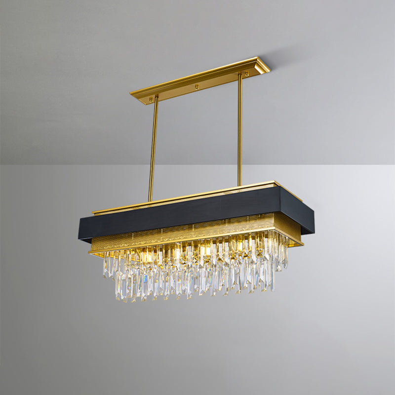 5 Heads Rectangle Hanging Light Modern Black and Gold Finish Clear Crystal Prisms Island Lamp Clearhalo 'Ceiling Lights' 'Island Lights' Lighting' 1417433