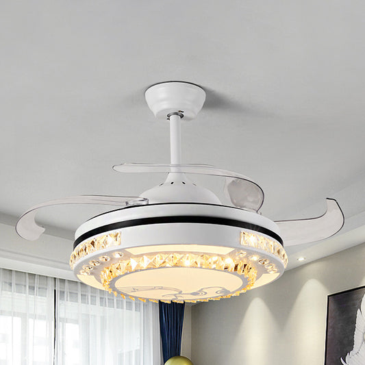LED Round Pendant Fan Lamp Modern White Clear Crystal Blocks Semi Flush with 4 Blades, 21.5" Wide White A Clearhalo 'Ceiling Fans with Lights' 'Ceiling Fans' 'Modern Ceiling Fans' 'Modern' Lighting' 1417448