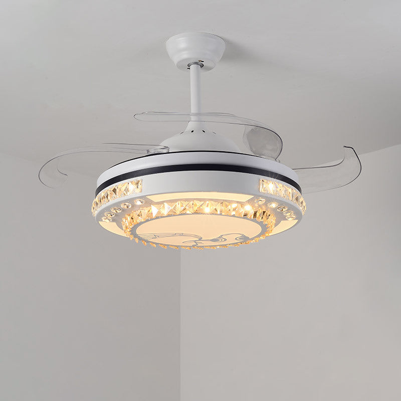 LED Round Pendant Fan Lamp Modern White Clear Crystal Blocks Semi Flush with 4 Blades, 21.5" Wide Clearhalo 'Ceiling Fans with Lights' 'Ceiling Fans' 'Modern Ceiling Fans' 'Modern' Lighting' 1417449