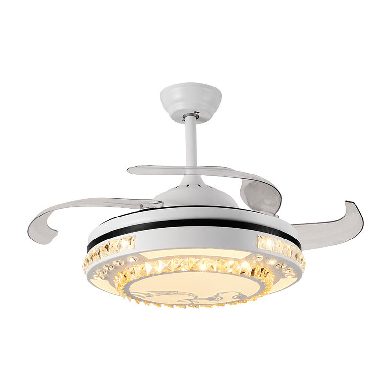 LED Round Pendant Fan Lamp Modern White Clear Crystal Blocks Semi Flush with 4 Blades, 21.5" Wide Clearhalo 'Ceiling Fans with Lights' 'Ceiling Fans' 'Modern Ceiling Fans' 'Modern' Lighting' 1417450