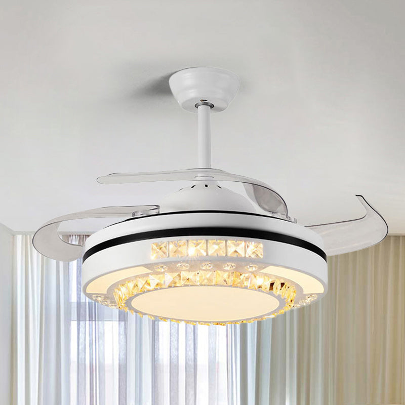 LED Round Pendant Fan Lamp Modern White Clear Crystal Blocks Semi Flush with 4 Blades, 21.5" Wide White B Clearhalo 'Ceiling Fans with Lights' 'Ceiling Fans' 'Modern Ceiling Fans' 'Modern' Lighting' 1417452