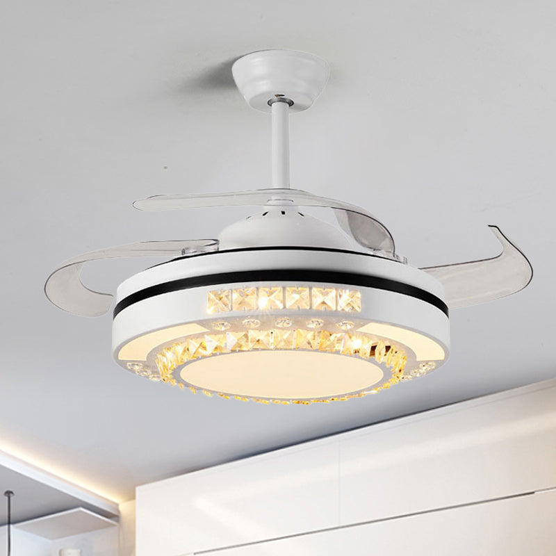 LED Round Pendant Fan Lamp Modern White Clear Crystal Blocks Semi Flush with 4 Blades, 21.5" Wide Clearhalo 'Ceiling Fans with Lights' 'Ceiling Fans' 'Modern Ceiling Fans' 'Modern' Lighting' 1417453