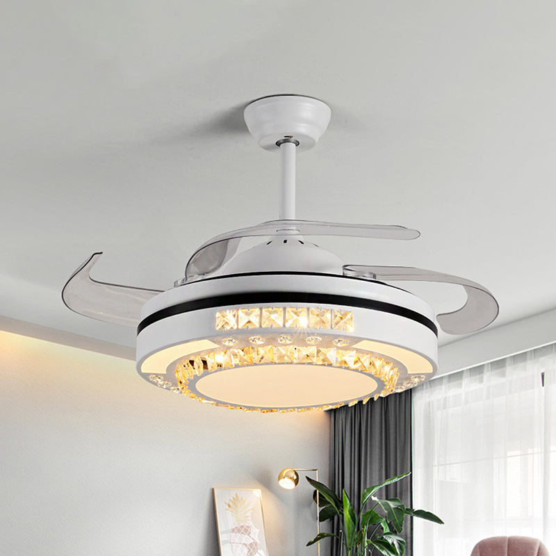 LED Round Pendant Fan Lamp Modern White Clear Crystal Blocks Semi Flush with 4 Blades, 21.5" Wide Clearhalo 'Ceiling Fans with Lights' 'Ceiling Fans' 'Modern Ceiling Fans' 'Modern' Lighting' 1417454