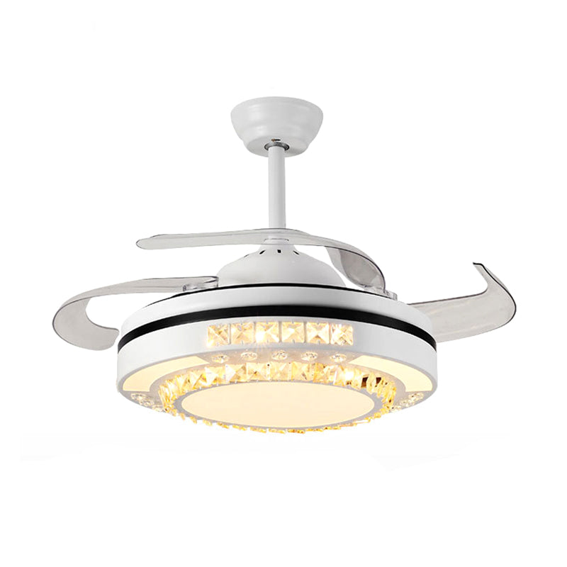 LED Round Pendant Fan Lamp Modern White Clear Crystal Blocks Semi Flush with 4 Blades, 21.5" Wide Clearhalo 'Ceiling Fans with Lights' 'Ceiling Fans' 'Modern Ceiling Fans' 'Modern' Lighting' 1417455