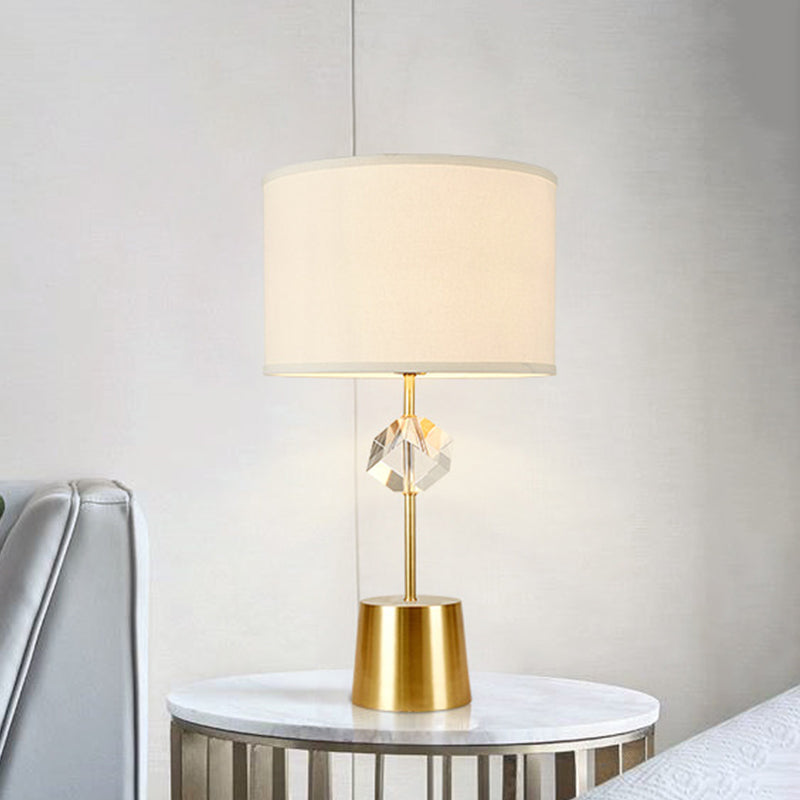 Gold 1 Head Table Light Traditional Fabric Drum Shade Nightstand Lamp with Clear Crystal Cube Deco Gold Clearhalo 'Lamps' 'Table Lamps' Lighting' 1417457