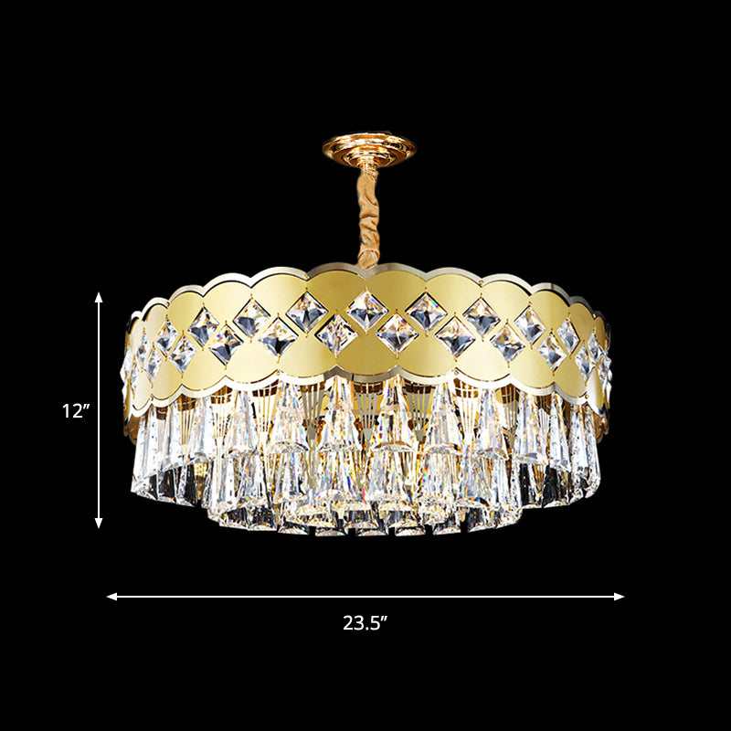 Gold Finish Drum Chandelier Modern Clear Crystal Drops 9 Heads Great Room Pendant Lighting, 19.5"/23.5" Width Clearhalo 'Ceiling Lights' 'Chandeliers' 'Modern Chandeliers' 'Modern' Lighting' 1417473