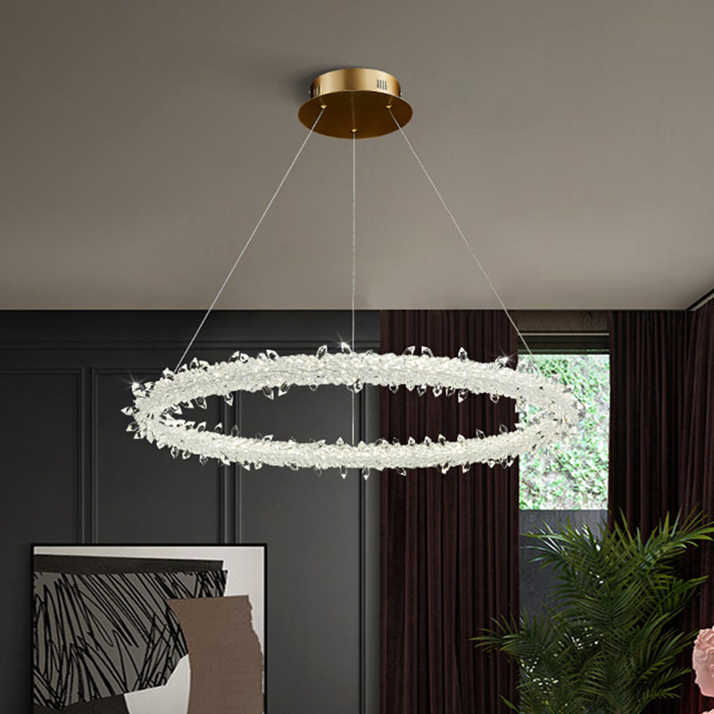 Ring Parlor Suspension Lamp Modern Clear Crystal Spears Gold LED Chandelier Light Fixture, 16"/19.5" Wide Clear Clearhalo 'Ceiling Lights' 'Chandeliers' 'Clear' 'Industrial' 'Modern Chandeliers' 'Modern' 'Tiffany' 'Traditional Chandeliers' Lighting' 1417530