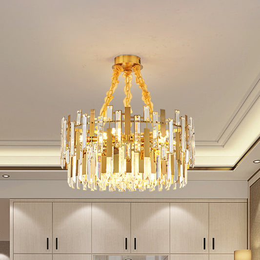 9 Heads Drum Chandelier Contemporary Gold Blocks Clear Crystal Prisms Pendant Ceiling Light Clear Clearhalo 'Ceiling Lights' 'Chandeliers' 'Clear' 'Industrial' 'Modern Chandeliers' 'Modern' 'Tiffany' 'Traditional Chandeliers' Lighting' 1417535