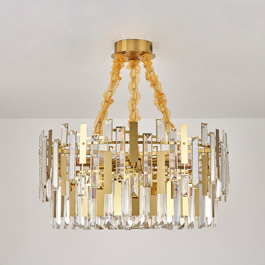 9 Heads Drum Chandelier Contemporary Gold Blocks Clear Crystal Prisms Pendant Ceiling Light Clearhalo 'Ceiling Lights' 'Chandeliers' 'Clear' 'Industrial' 'Modern Chandeliers' 'Modern' 'Tiffany' 'Traditional Chandeliers' Lighting' 1417536