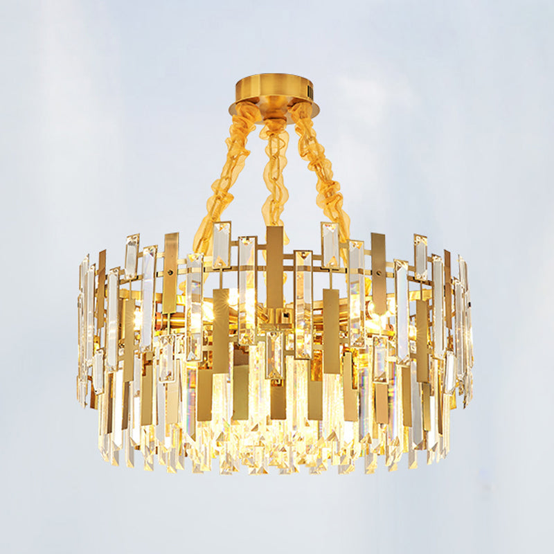 9 Heads Drum Chandelier Contemporary Gold Blocks Clear Crystal Prisms Pendant Ceiling Light Clearhalo 'Ceiling Lights' 'Chandeliers' 'Clear' 'Industrial' 'Modern Chandeliers' 'Modern' 'Tiffany' 'Traditional Chandeliers' Lighting' 1417537